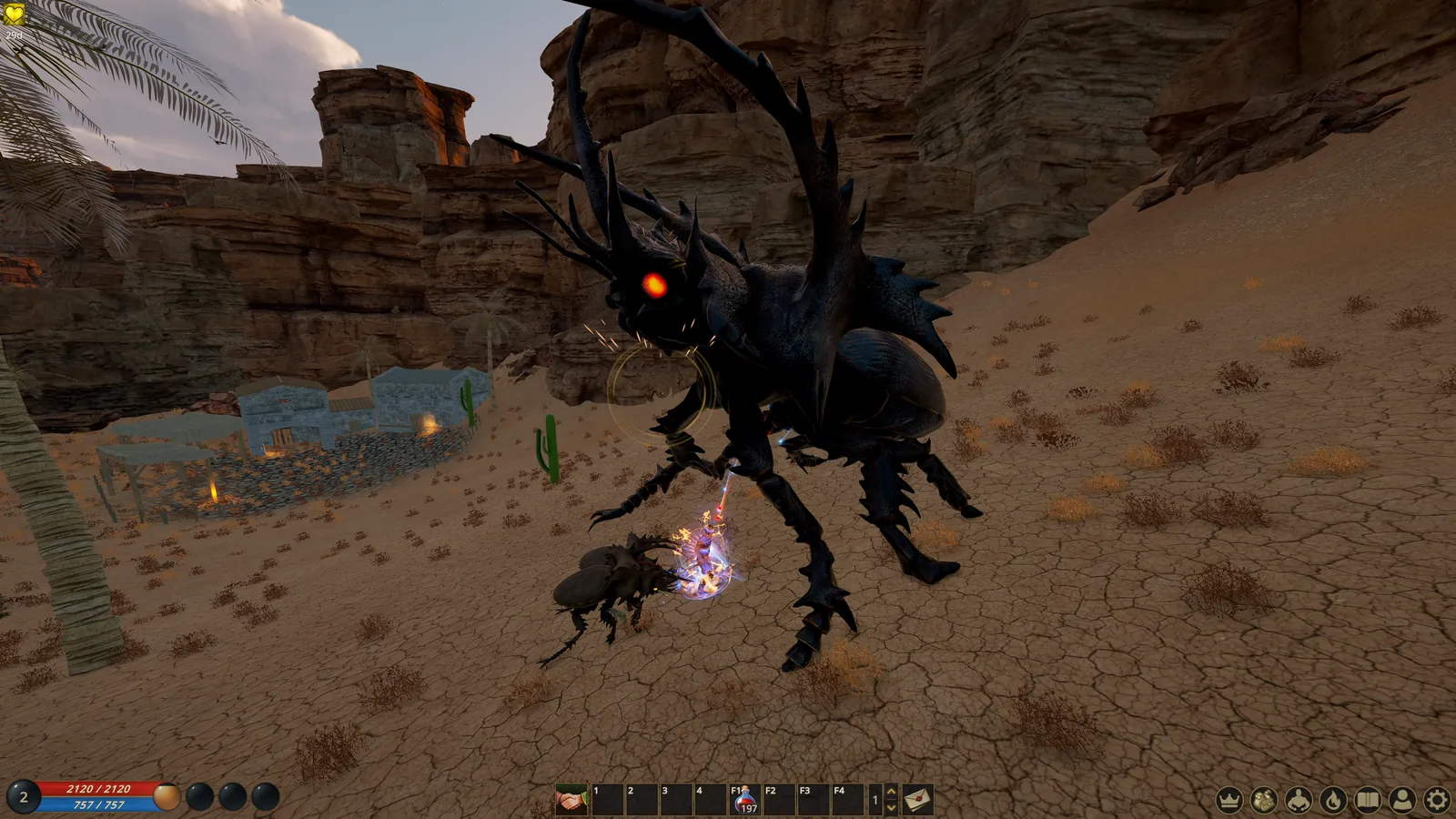 A character fights a large dragon in a desert canyon.